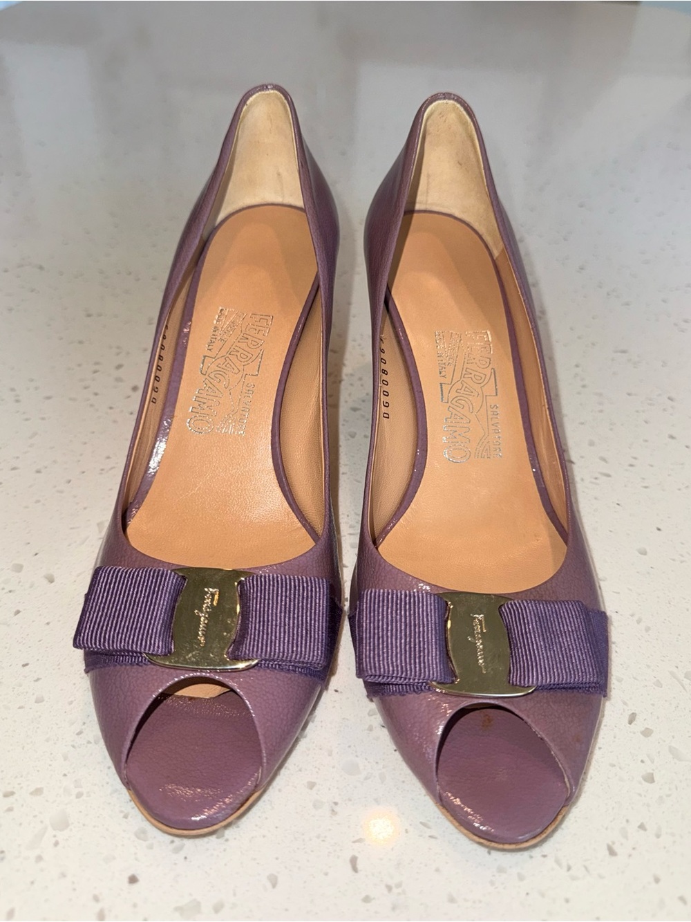 Salvatore Ferragamo Lilac Vara Bow Peep-Toe Pumps - Picture 2 of 16